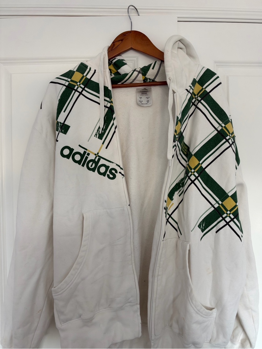 Adidas White Zip-Up Hoodie with Green and Yellow Plaid